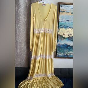 Love From Ya Ya Maxi Dress  Long Sleeve Yellow Sz XS-S Buttons Lace Bohemian